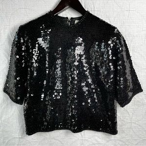 Vtg 50s CYN LES Beaded Sequin top Black Wool Full Zip Up Back Women’s 40 Shirt